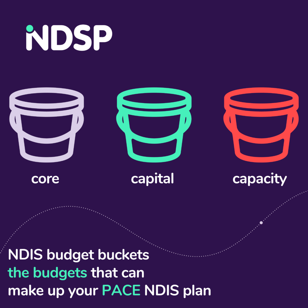 NDSP illustration showing the NDIS budget buckets: core, capital, and capacity for a PACE NDIS plan