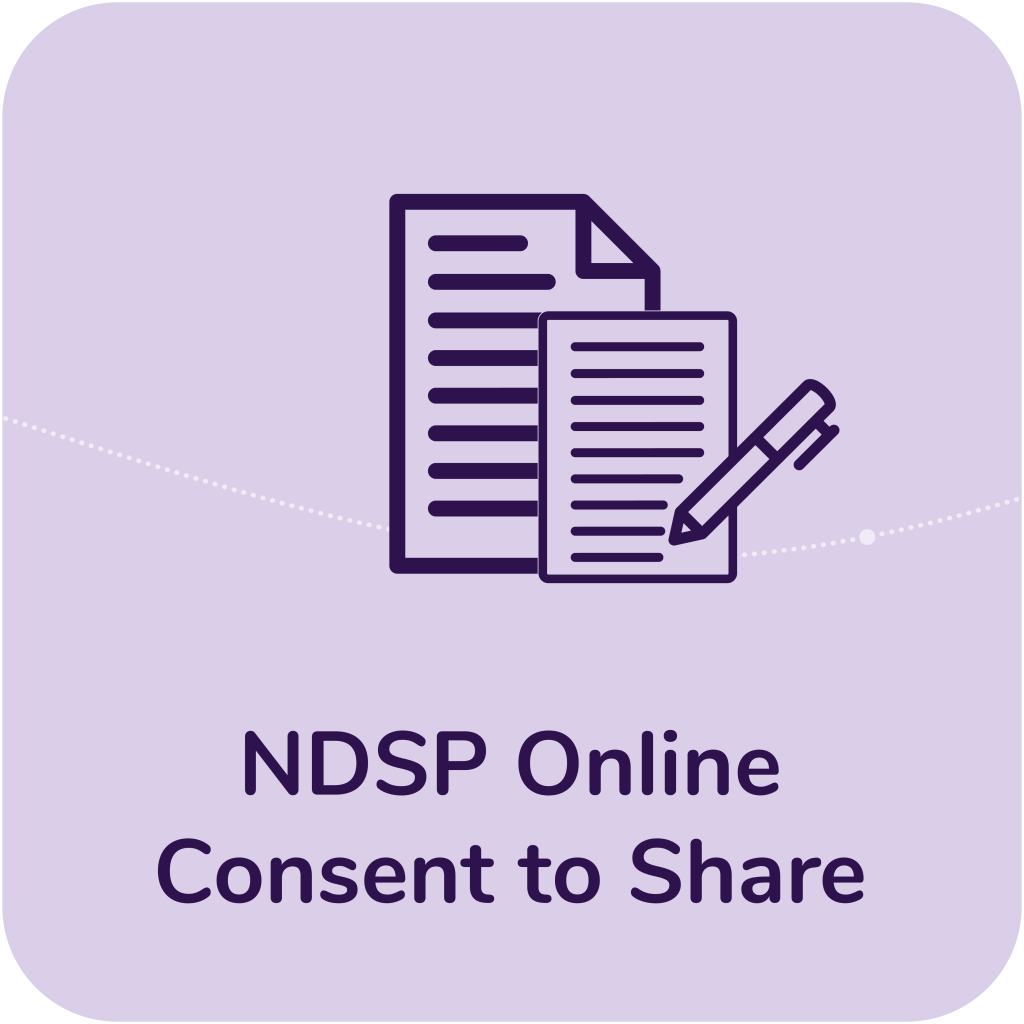 An icon of two dcuments with a pen with the text NDSP Online Cosent to Share written under it