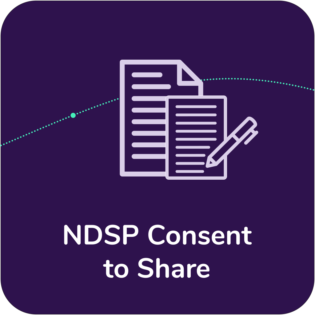An icon of two documents with a pen with the text NDSP Consent to Share written under it