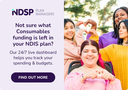 Clickable banner reads: Not sure what Consumables funding is left in your NDIS plan? Our 24/7 live dashboard helps you track your spending & budgets.